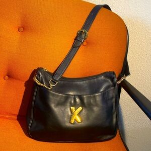 VTG Paloma Picasso Black Leather Made in Italy Gold Link Shoulder Bag